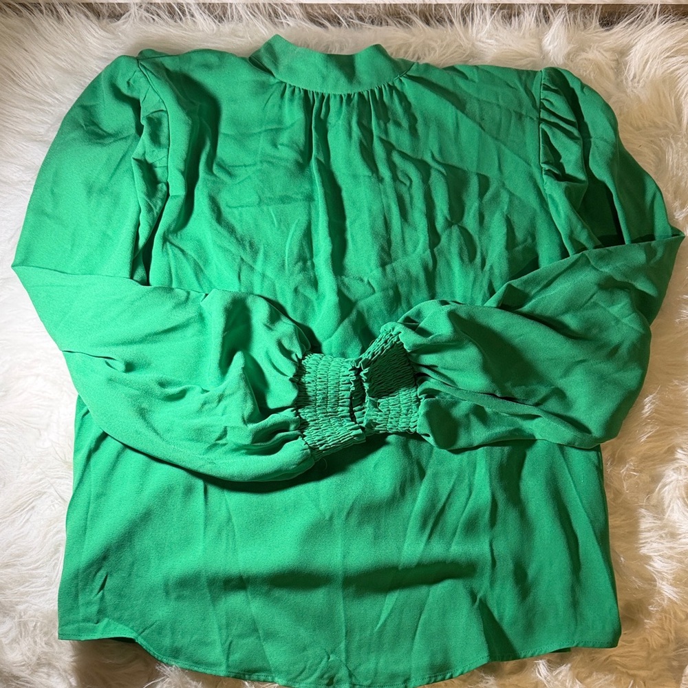 New York & Company Vibrant Green Smock Neck Luxe Blouse